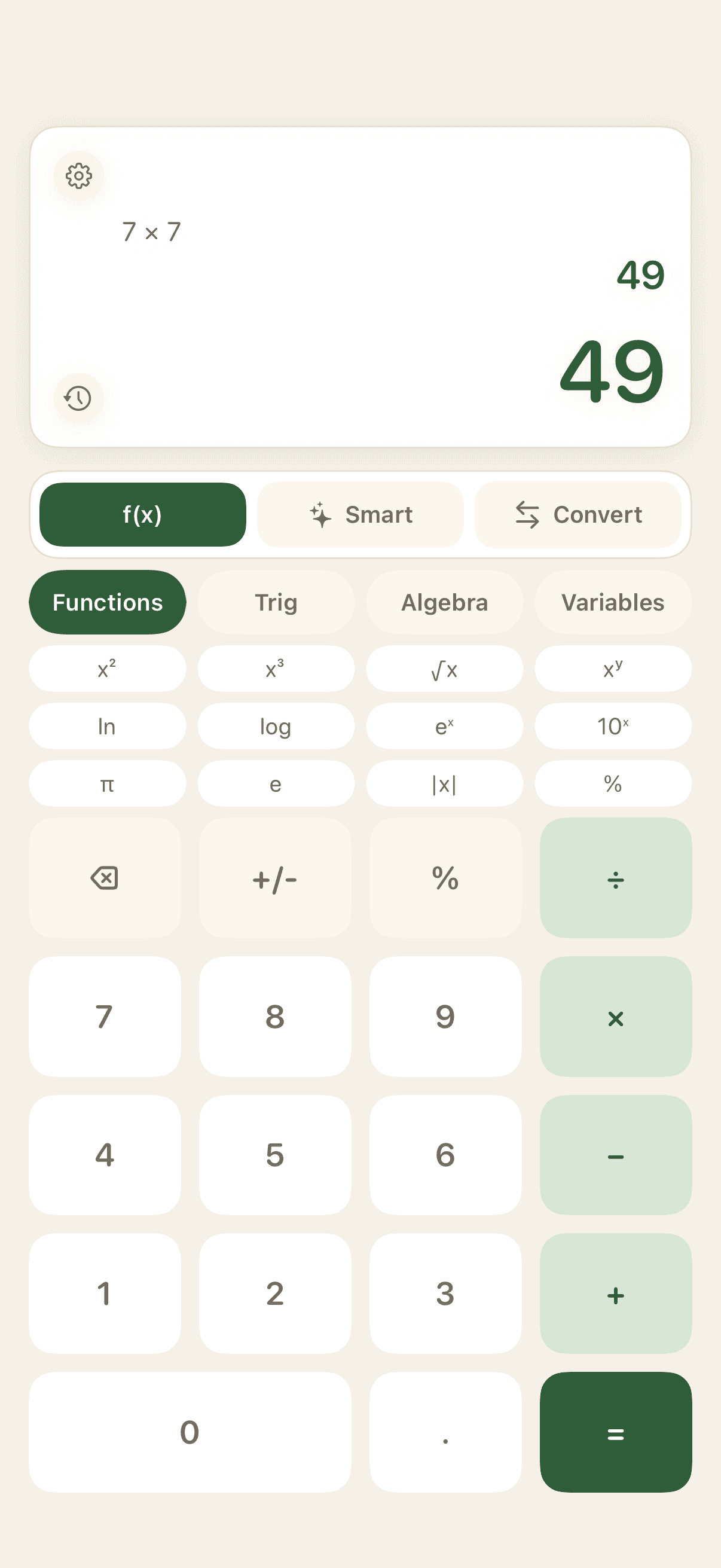 Calculadora científica mostrando siete por ocho igual a cincuenta y seis