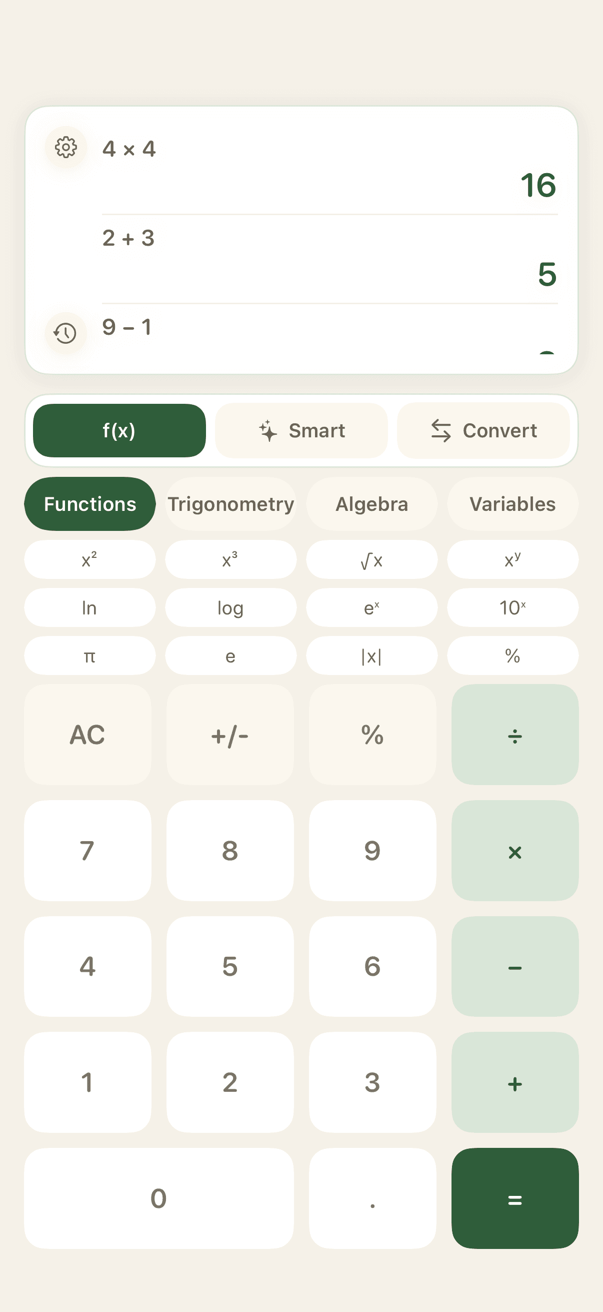 Scientific calculator showing seven times eight equals fifty-six