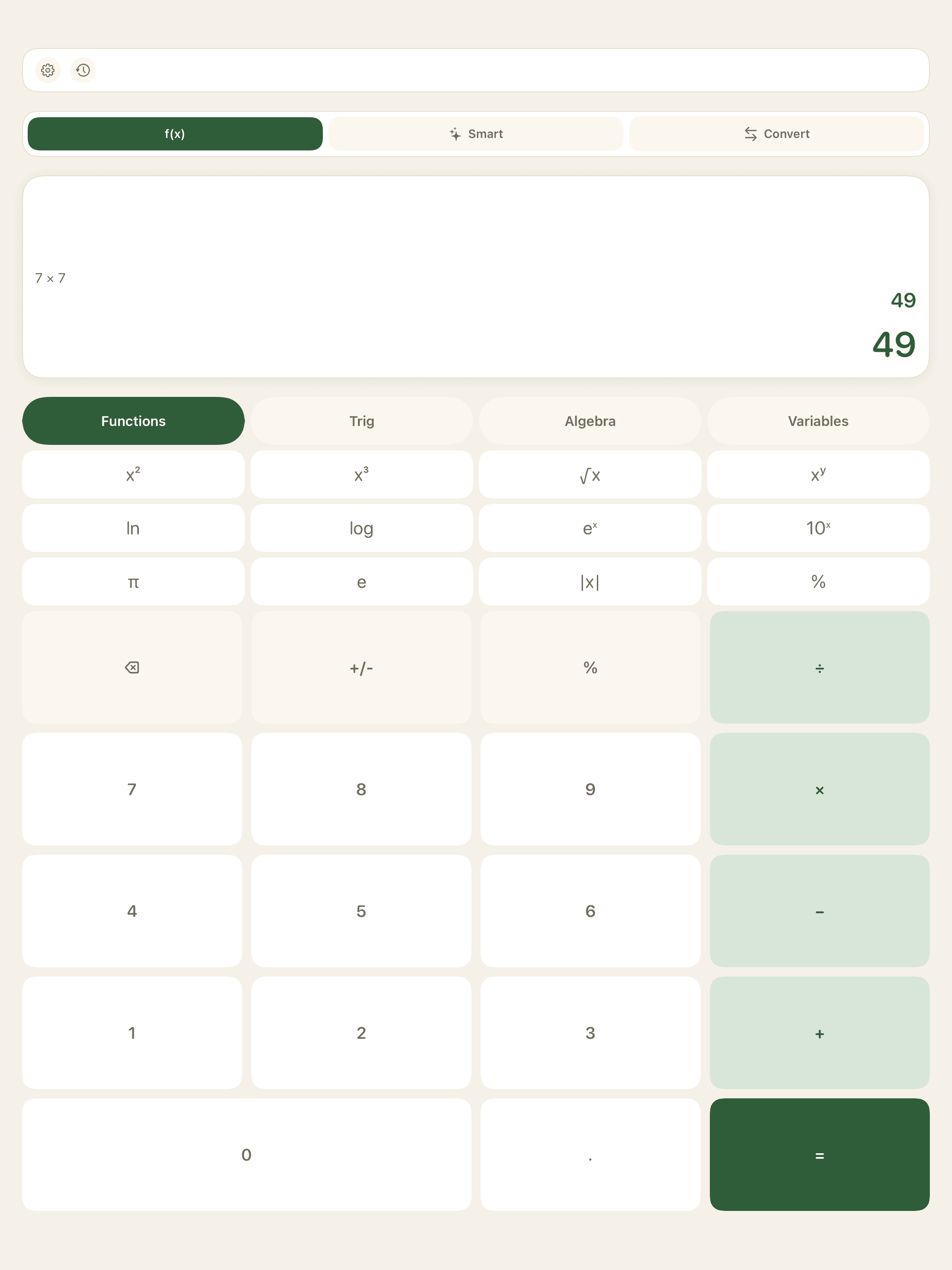 Calculadora científica mostrando siete por ocho igual a cincuenta y seis