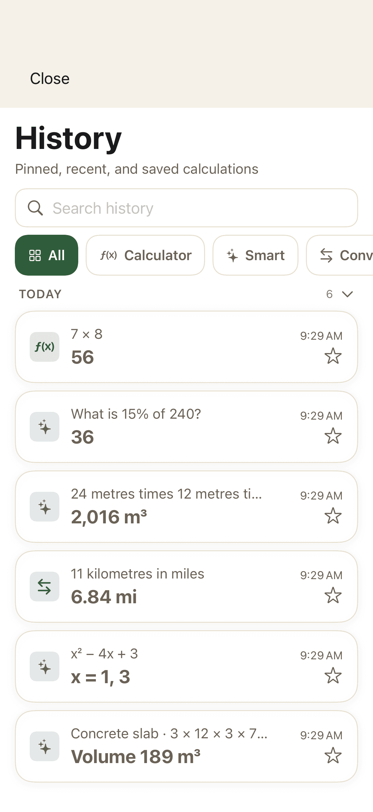 Calculation history containing calculator, Smart, and conversion results