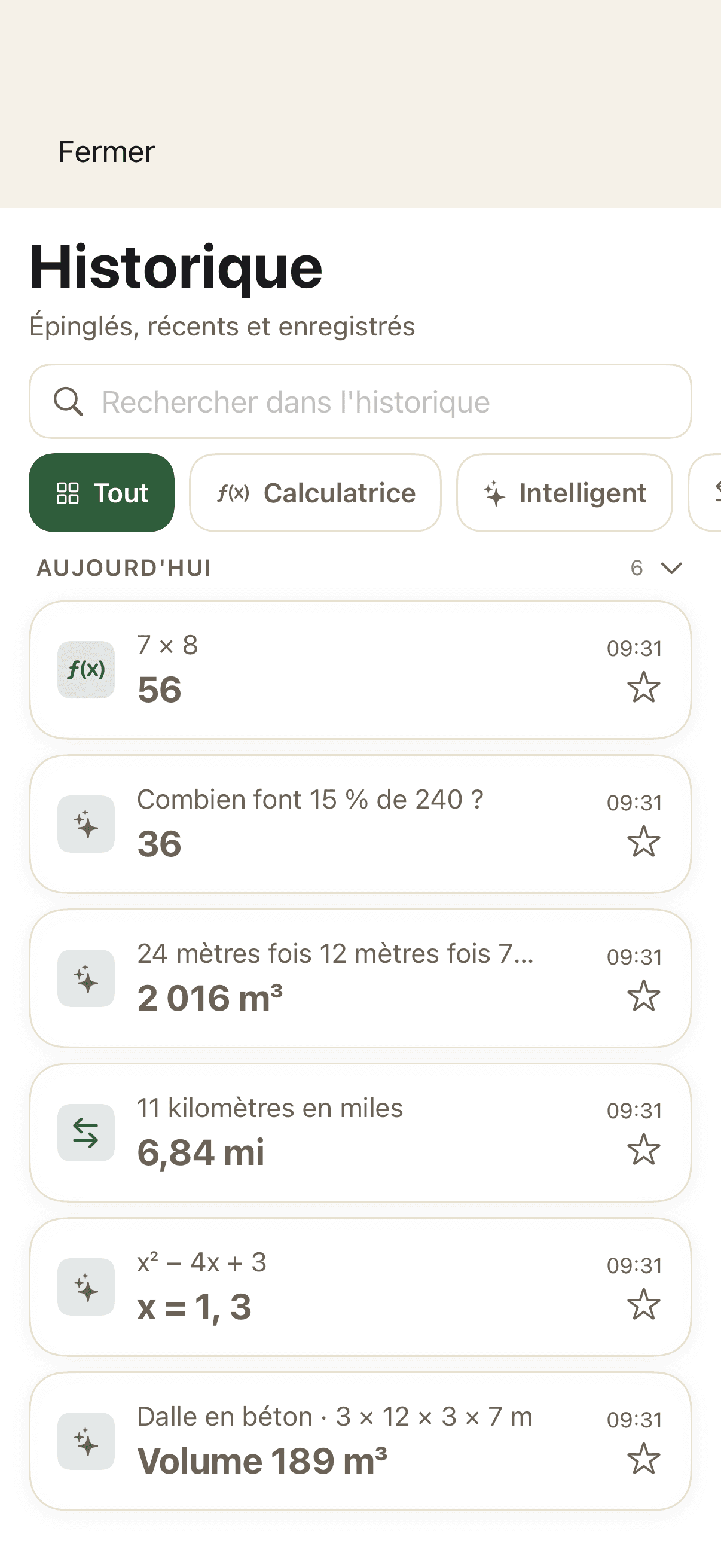 Historique contenant des résultats de calcul, Smart et conversion
