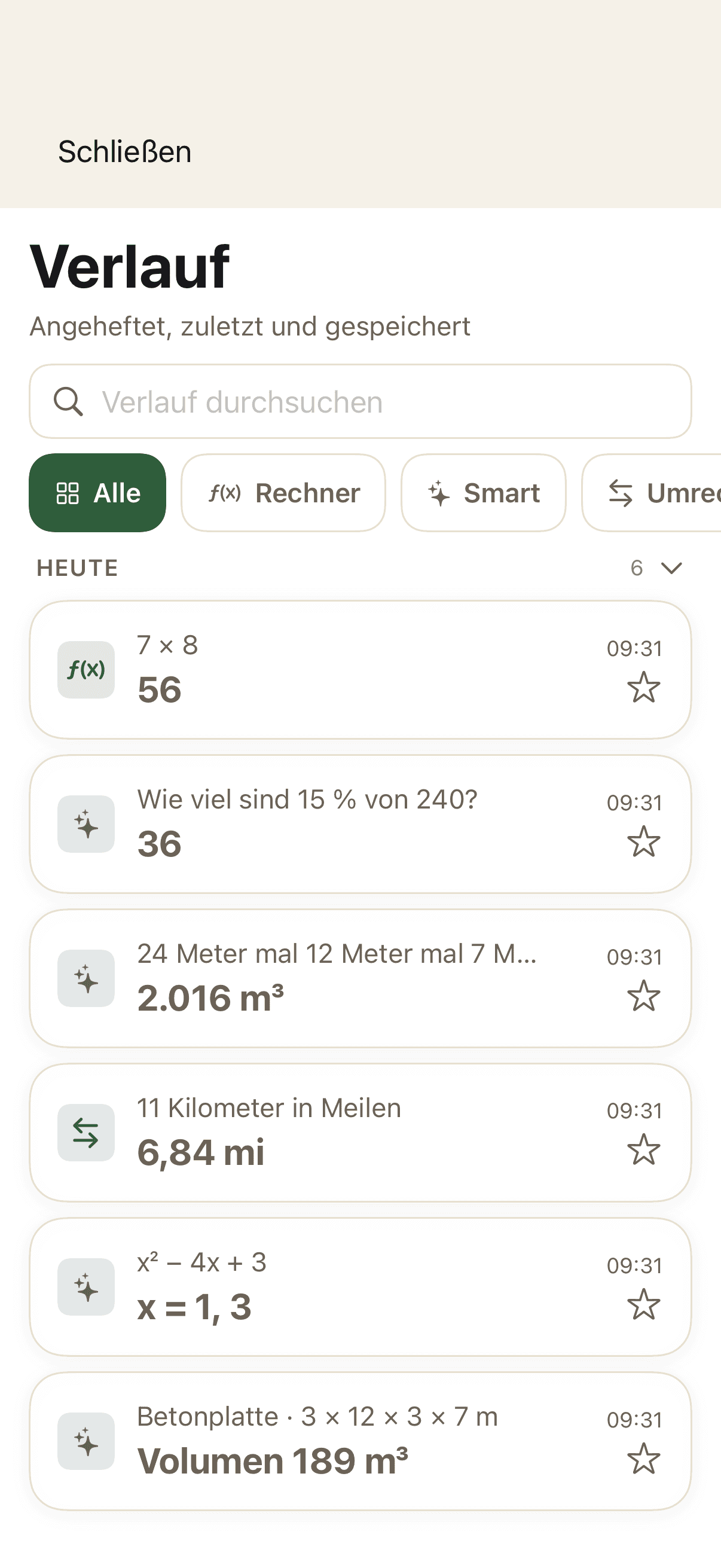 Verlauf mit Rechner-, Smart- und Umrechnungsergebnissen