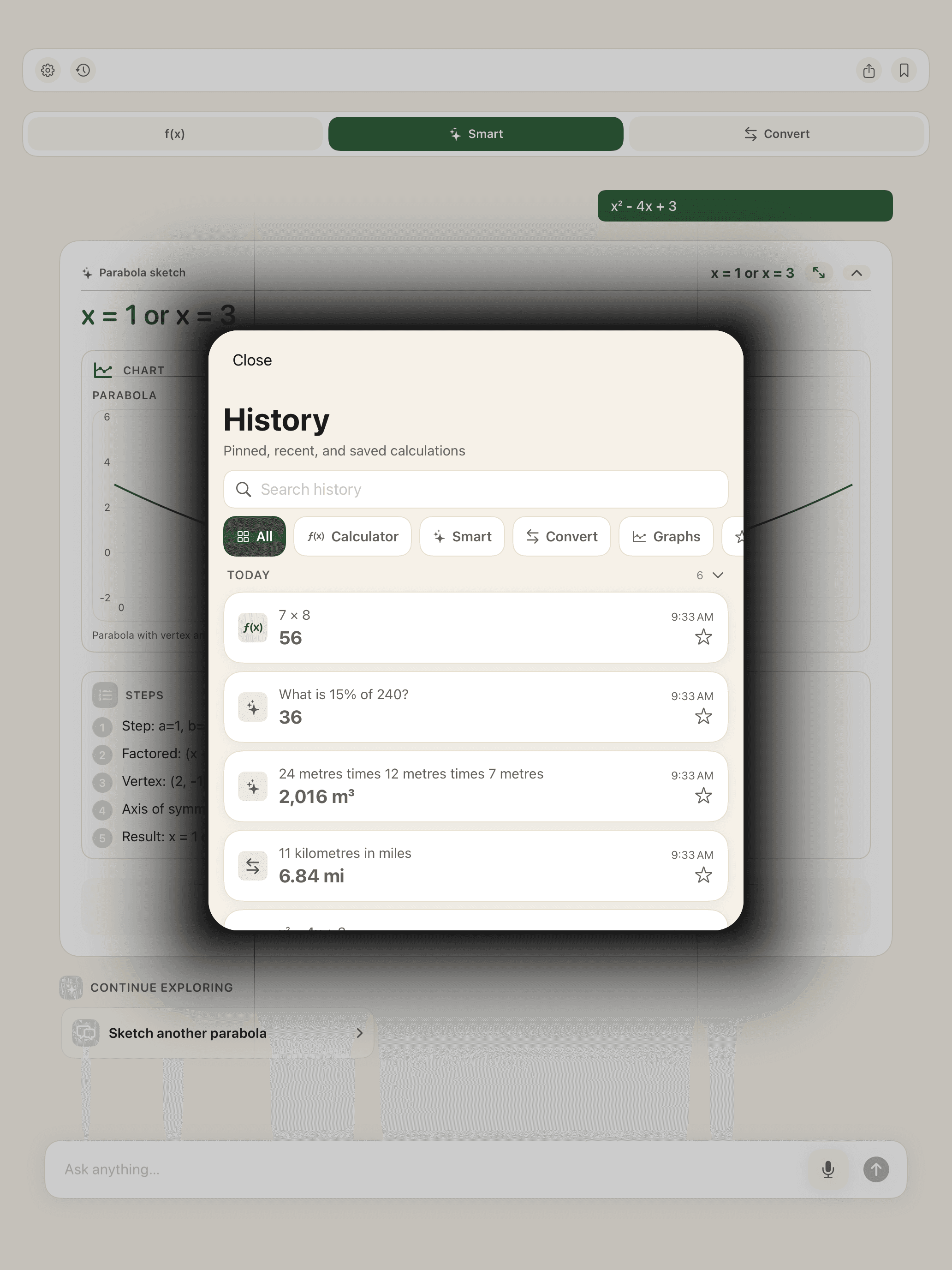 Calculation history containing calculator, Smart, and conversion results