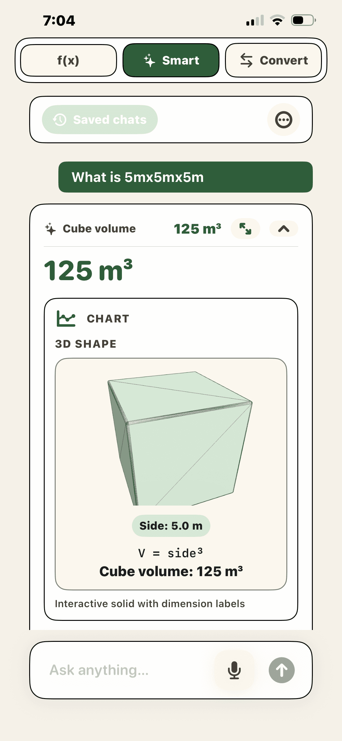 Smart iOS app showing a 3D cube shape and a cube volume of 125 cubic metres
