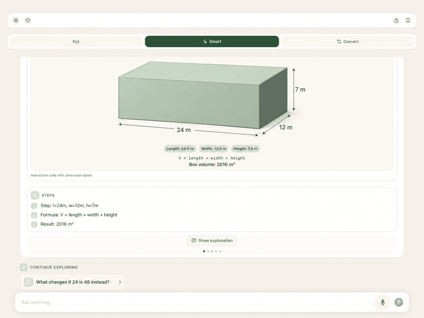 Smart iOS app showing a 3D cube shape and a cube volume of 125 cubic metres